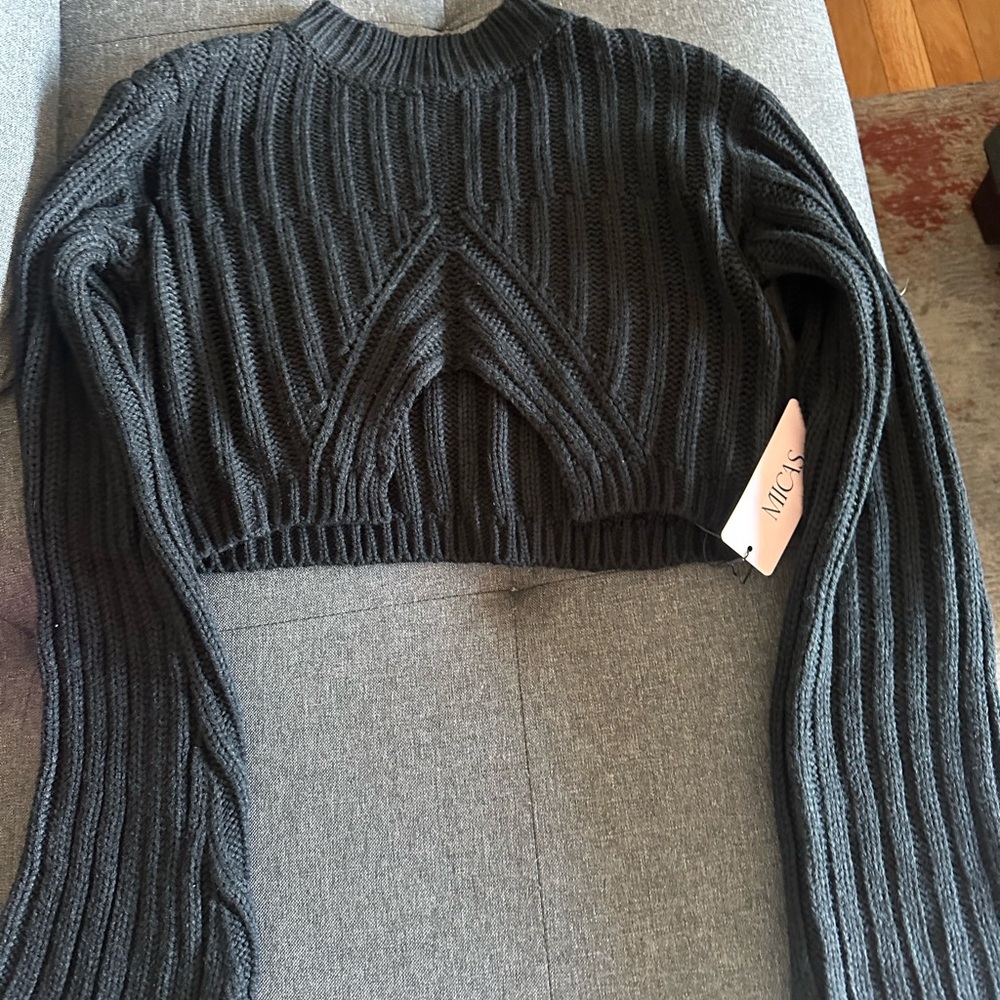Moss Black Ribbed Knit Cropped Turtleneck Sweater